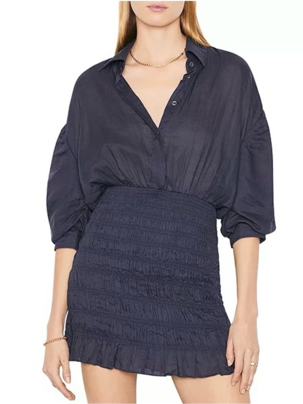 Women's Navy Smocked Mini Dress Top - Frame